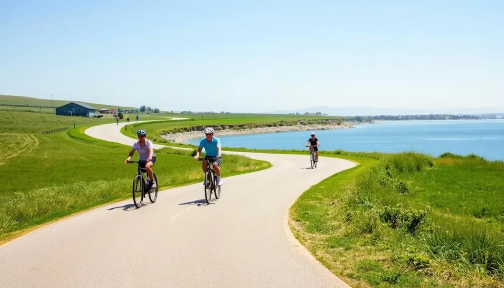Paved bike path winding through Benicia State Recreation Area with cyclists enjoying the trail Paved bike path winding through Benicia State Recreation Area with cyclists enjoying the trail