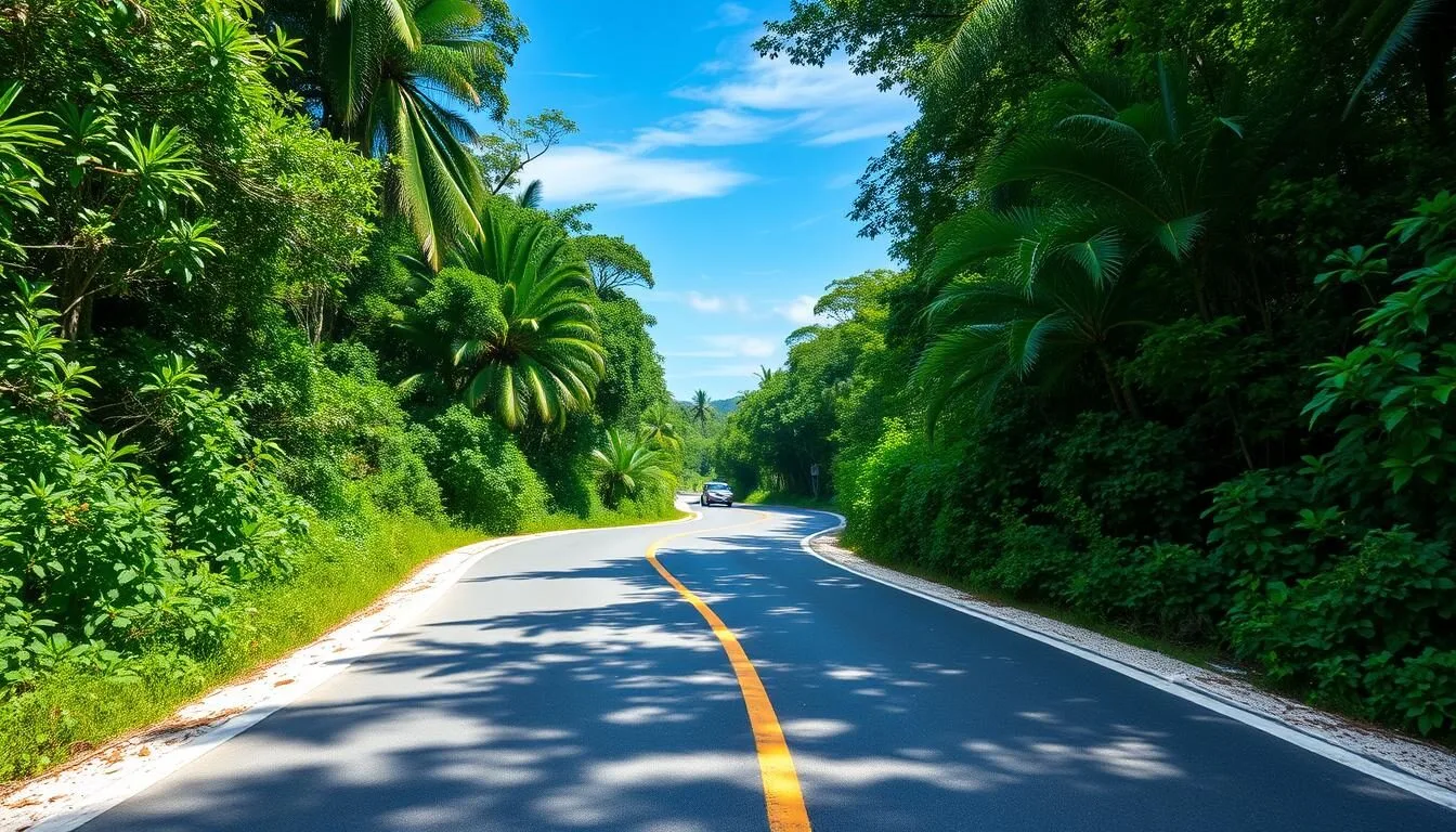 Paved-road-through-lush-tropical-forest-on-Babeldaob-Island-near-Ngerulmud-Palau Paved road through lush tropical forest on Babeldaob Island near Ngerulmud, Palau