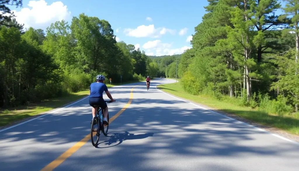 Paved road winding through Lake Louisa State Park with cyclists enjoying the scenic route Paved road winding through Lake Louisa State Park with cyclists enjoying the scenic route