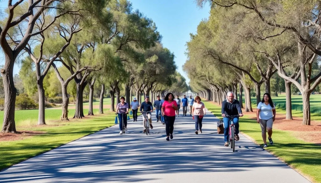 Paved walking path at Kenneth Hahn State Recreation Area with diverse visitors