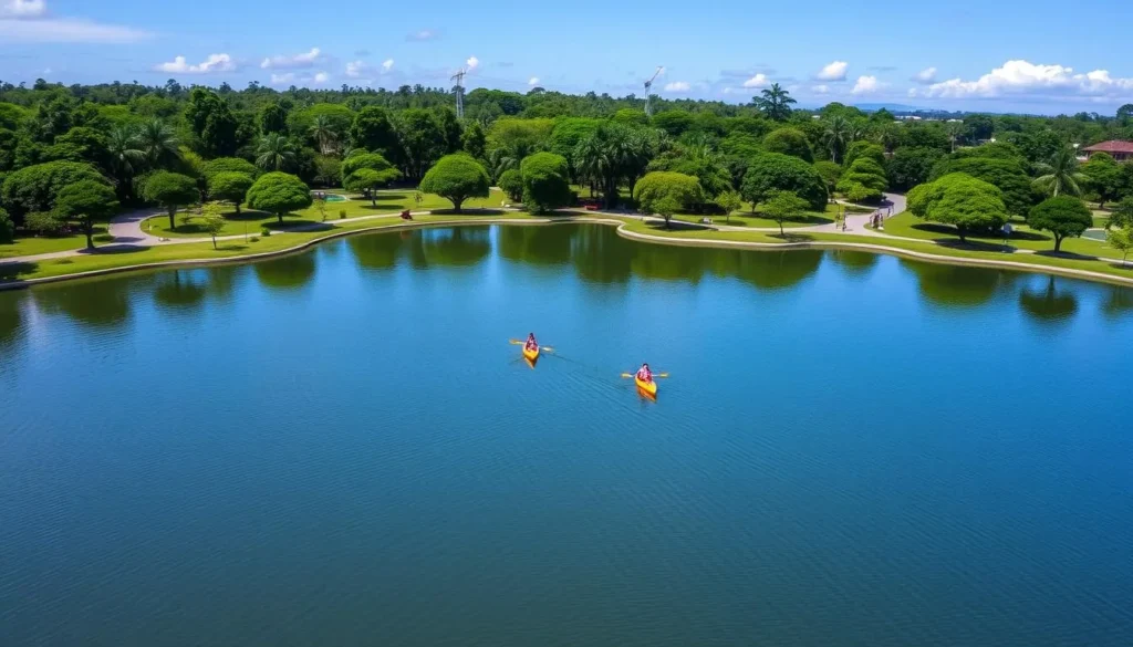 Peaceful lake at University of Indonesia campus in Depok with people kayaking Peaceful lake at University of Indonesia campus in Depok with people kayaking