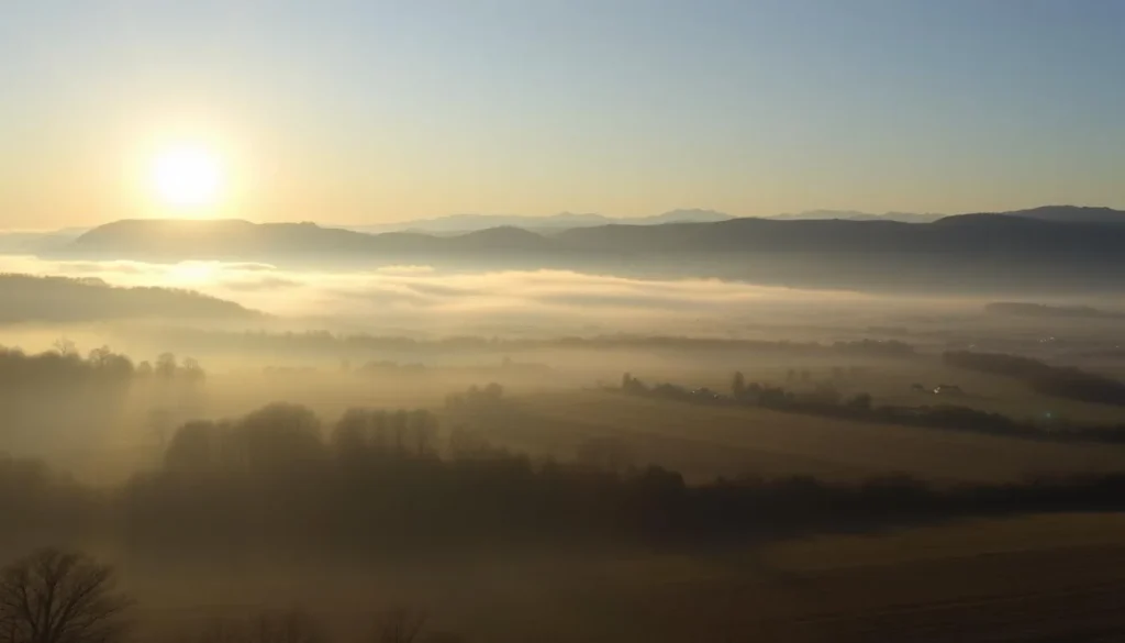 Peaceful morning view of Townsend with fog in the valley