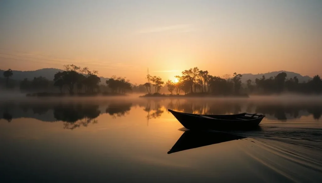 Peaceful scene of a boat gliding through Berbak National Park at sunset