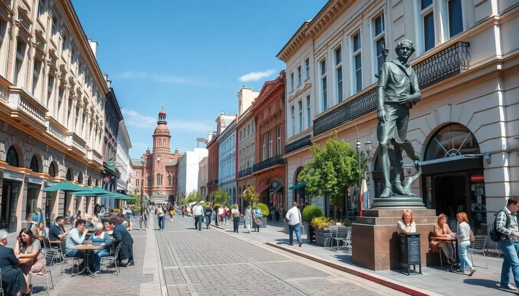 Pedestrian Kirovka Street in Chelyabinsk with historic buildings and bronze sculptures