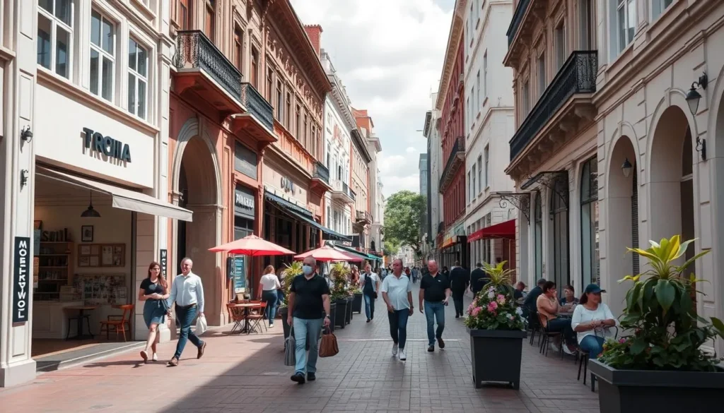 Pedestrian-friendly street in downtown Curitiba with shops, cafes, and locals enjoying the area