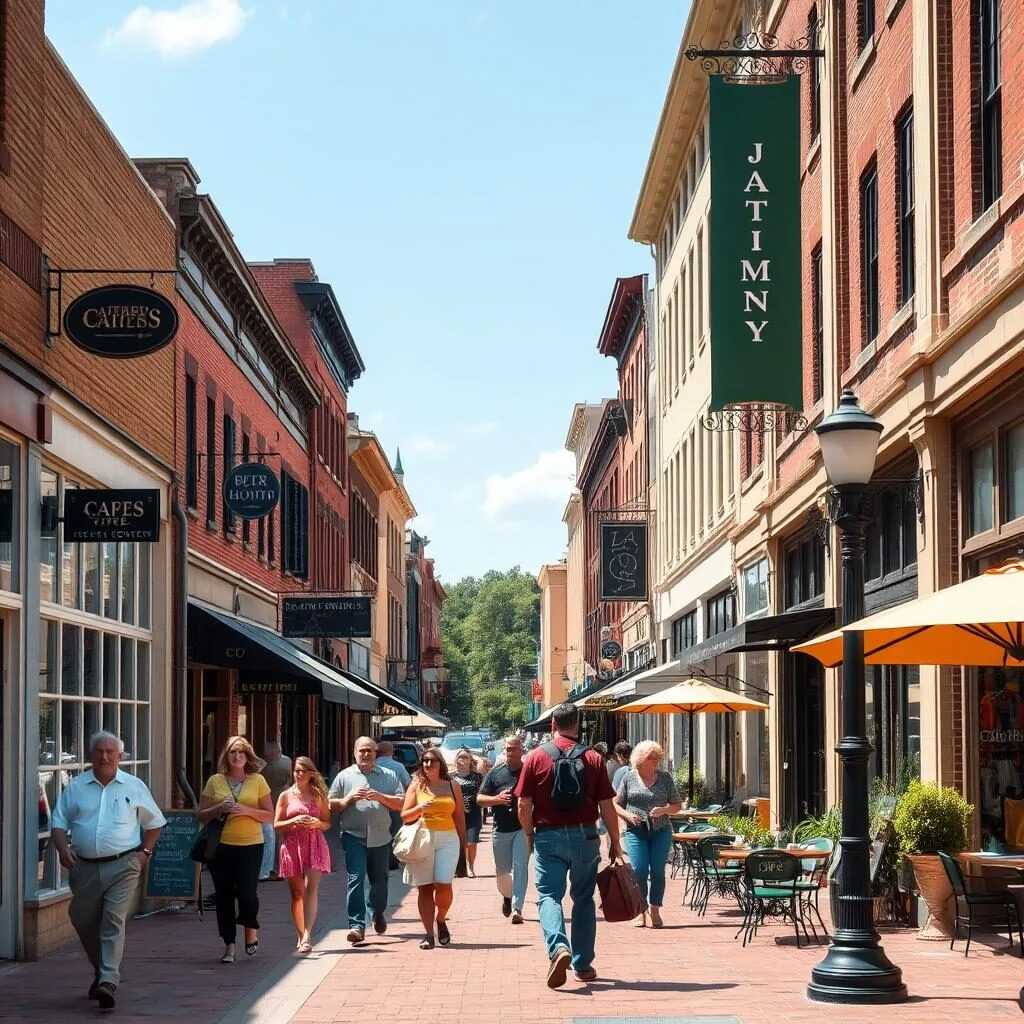 Pedestrians walking along Columbia Tennessee's Main Street with historic storefronts