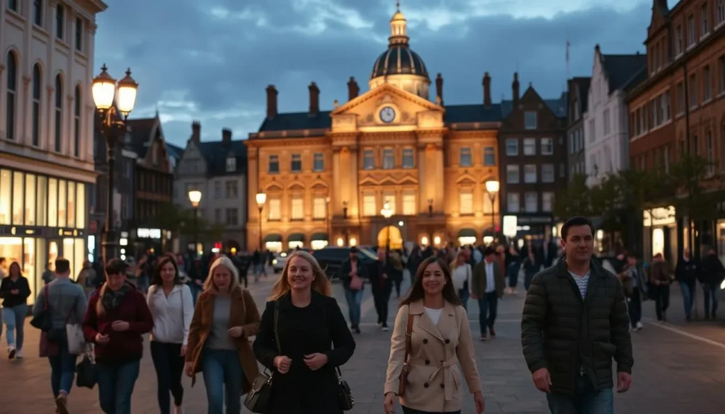 Pedestrians walking safely through Nottingham's well-lit city center at dusk Pedestrians walking safely through Nottingham's well-lit city center at dusk