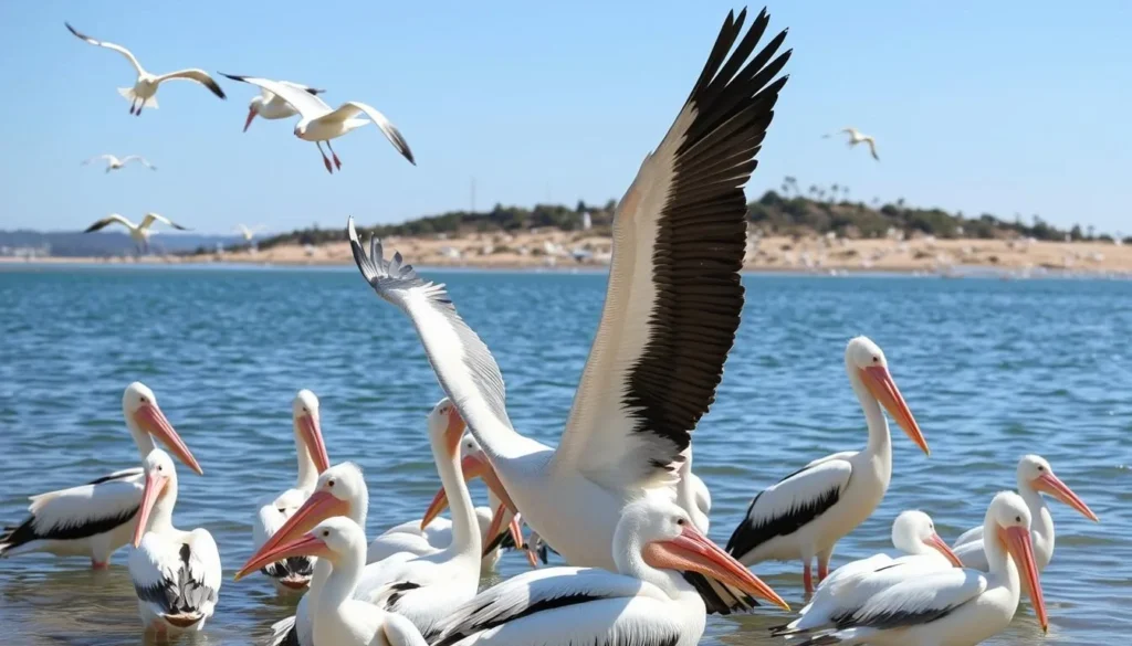 Pelicans and seabirds near Budd Island, New South Wales Pelicans and seabirds near Budd Island, New South Wales