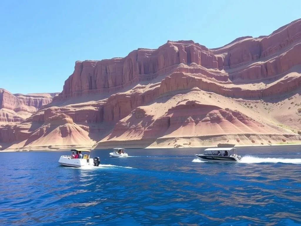 People boating on Lake Meredith with canyon walls in the background