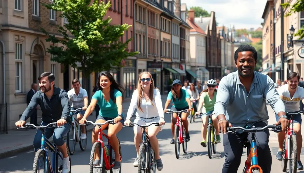 People cycling along a Cambridge street with historic buildings and colleges in the background