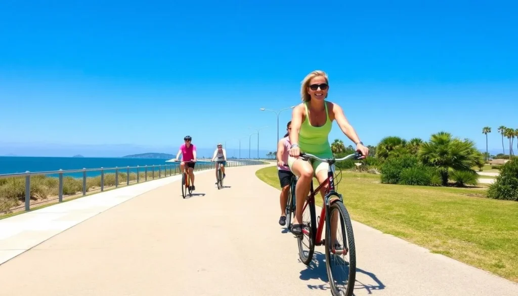 People cycling along the Hervey Bay Esplanade pathway with ocean views People cycling along the Hervey Bay Esplanade pathway with ocean views