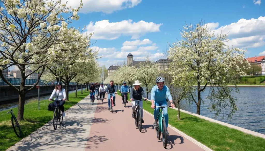 People cycling along the Rhine River in Strasbourg on a sunny spring day with blooming trees