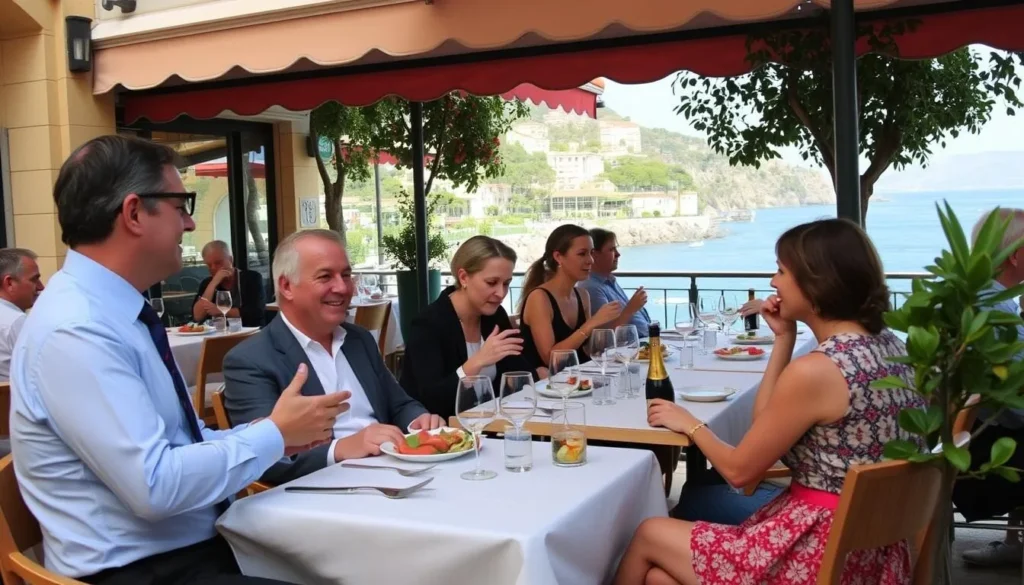 People dining at an outdoor cafe in Menton France following local customs with proper etiquette
