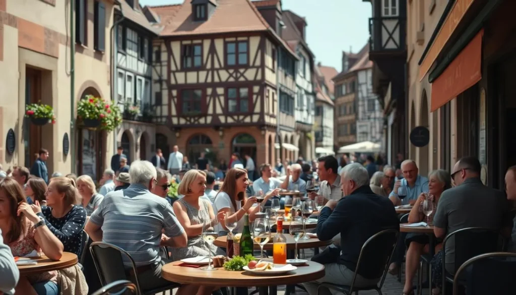 People dining at an outdoor café in Strasbourg's historic center following local customs