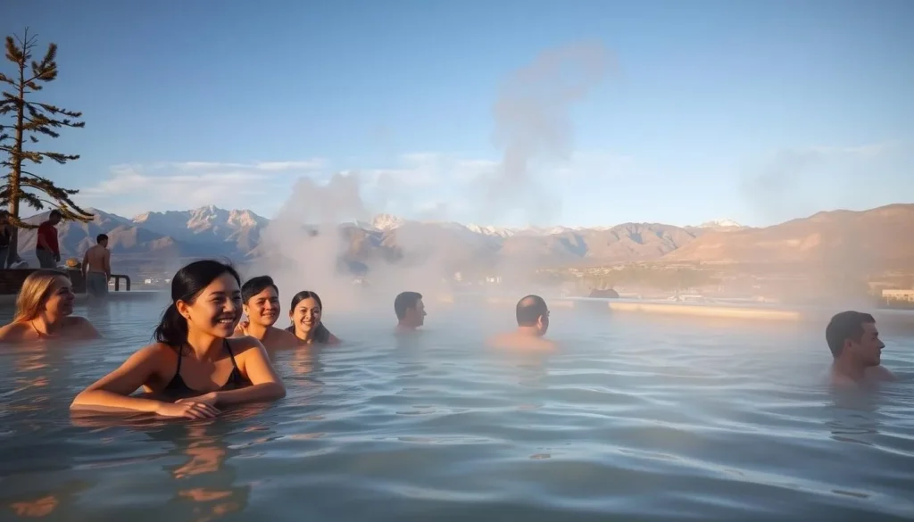 People enjoying Wild Willy's Hot Springs with mountain views in the background