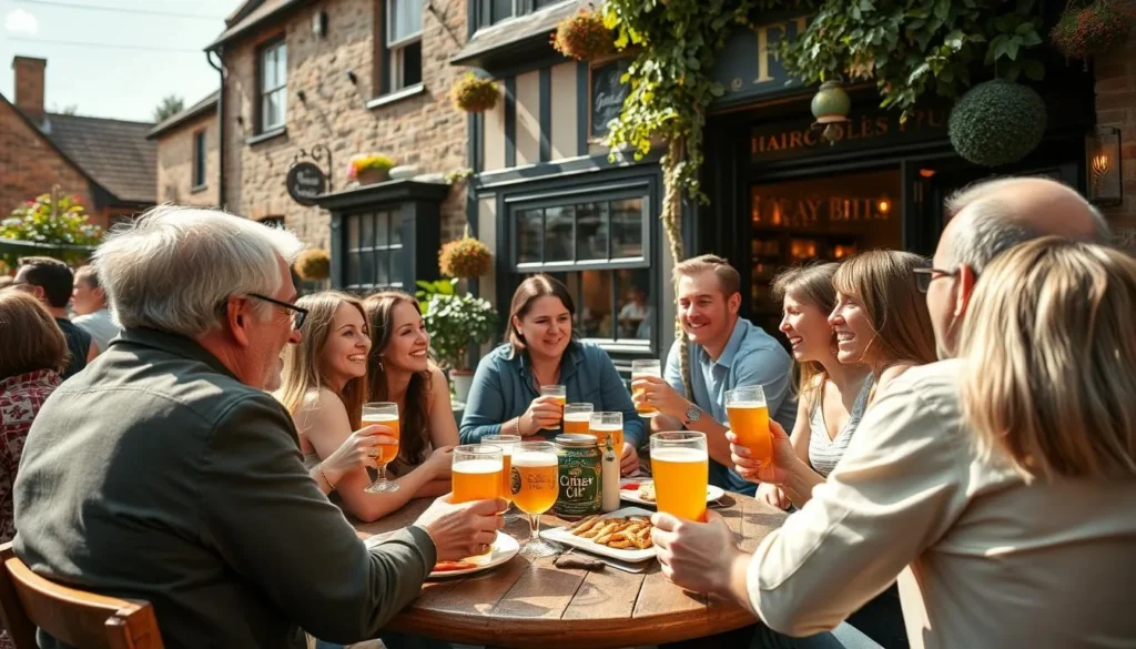 People enjoying a pub garden in Bristol with local cider People enjoying a pub garden in Bristol with local cider