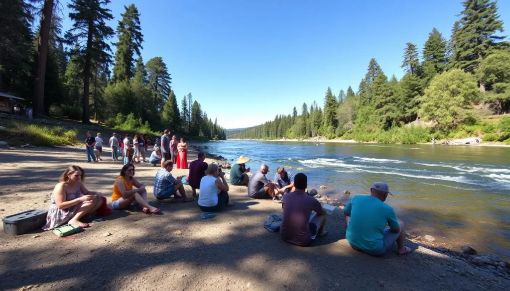 People enjoying activities at Benbow State Recreation Area with the Eel River in background People enjoying activities at Benbow State Recreation Area with the Eel River in background