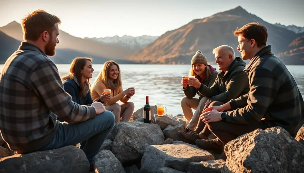 People enjoying mate tea by Nahuel Huapi lake in Bariloche