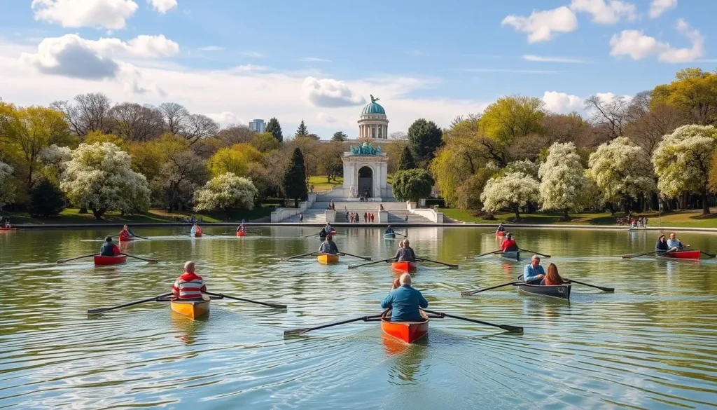 People enjoying rowing boats on the lake in Retiro Park, Madrid during spring with blooming trees