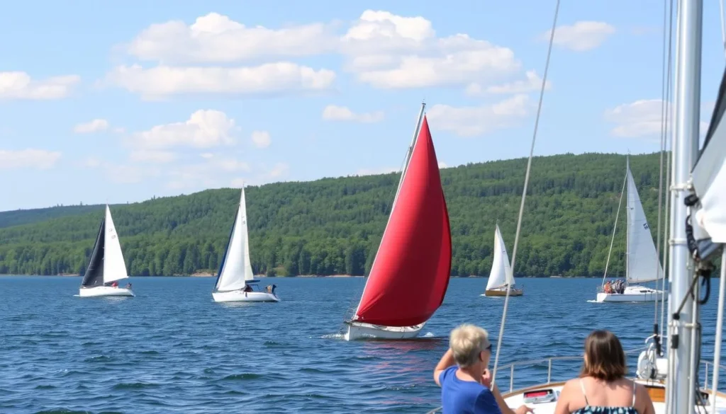 People enjoying sailing on Kuybyshev Reservoir with colorful sailboats against a backdrop of forested shores People enjoying sailing on Kuybyshev Reservoir with colorful sailboats against a backdrop of forested shores