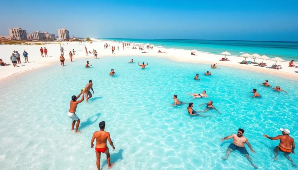 People enjoying swimming and beach volleyball at Fuwairit Beach