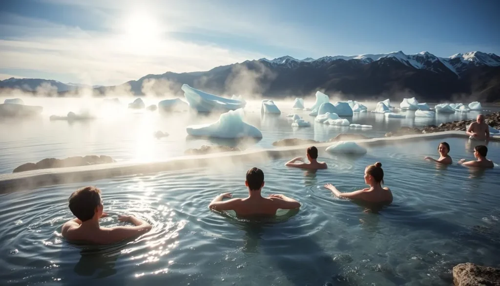 People enjoying the Uunartoq hot springs with icebergs floating in the distance