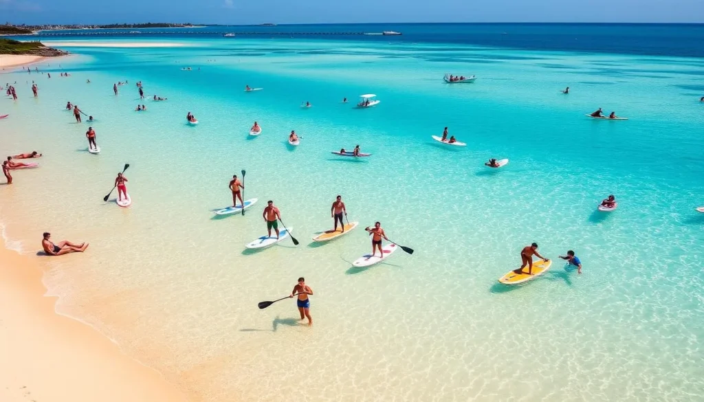 People enjoying water activities at Mooloolaba Beach including swimming and paddleboarding