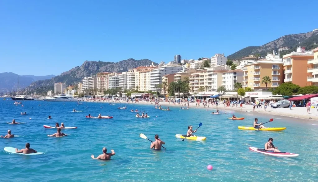 People enjoying water activities at Plage des Sablettes in Menton with the colorful town backdrop on a sunny summer day