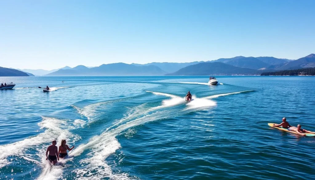 People enjoying water activities on Lake Chelan with boats, jet skis, and paddleboards on a sunny day
