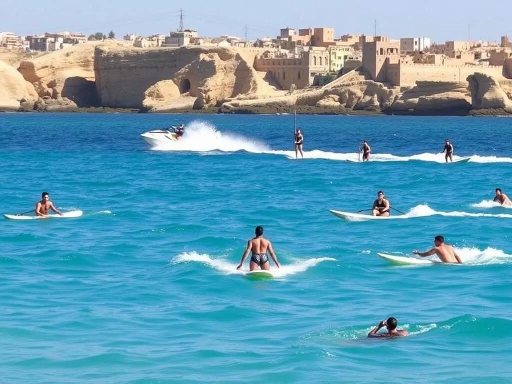 People enjoying water sports in the Mediterranean Sea at M'diq Morocco