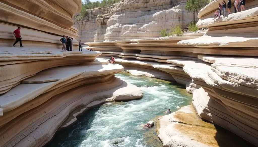 People exploring the limestone formations at Pedernales Falls with water flowing between rocks People exploring the limestone formations at Pedernales Falls with water flowing between rocks