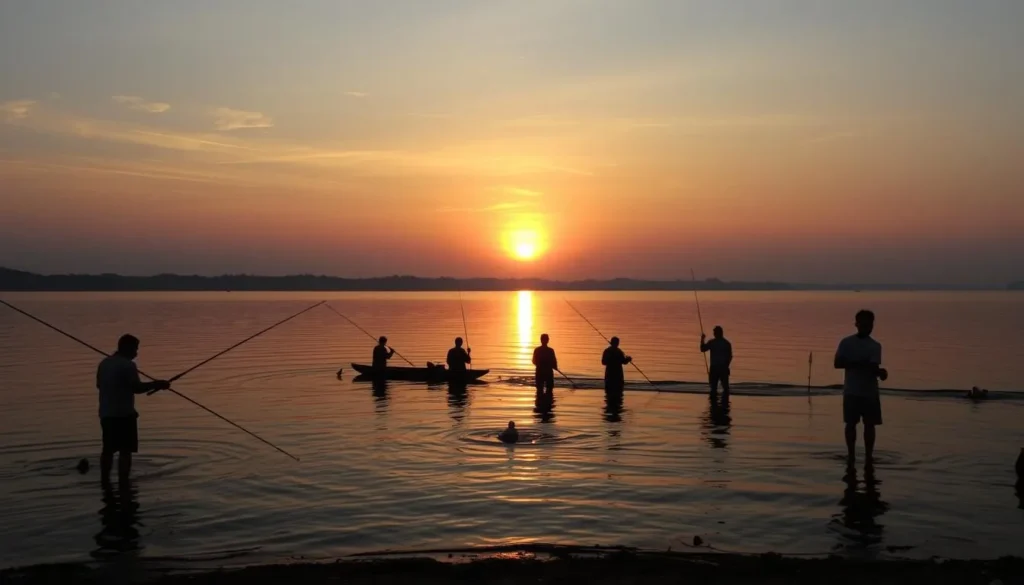 People fishing at Situ Pengasinan lake in Depok during sunset People fishing at Situ Pengasinan lake in Depok during sunset