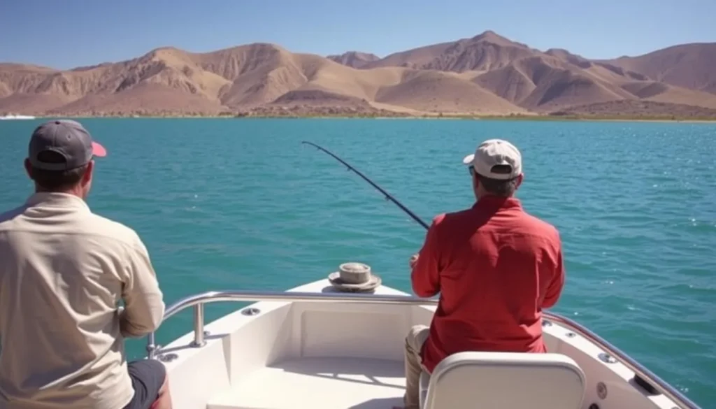 People fishing from a boat on Amistad Reservoir with desert hills in the background