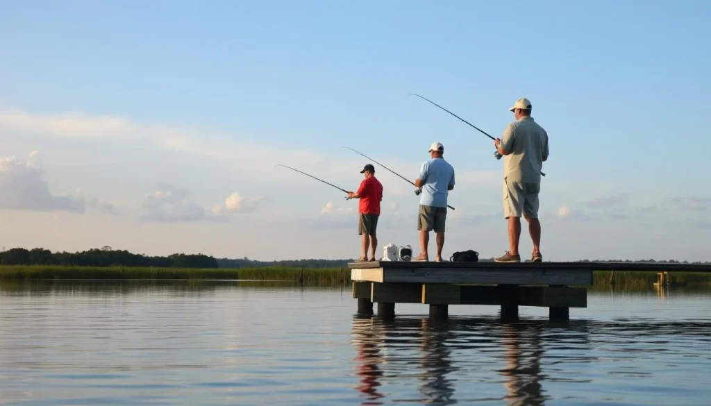 People fishing from a dock on Lake Manatee with calm water People fishing from a dock on Lake Manatee with calm water