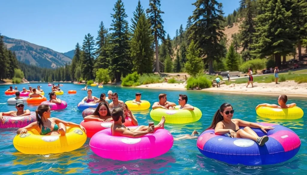 People floating on inner tubes down the Wenatchee River near Leavenworth on a sunny summer day