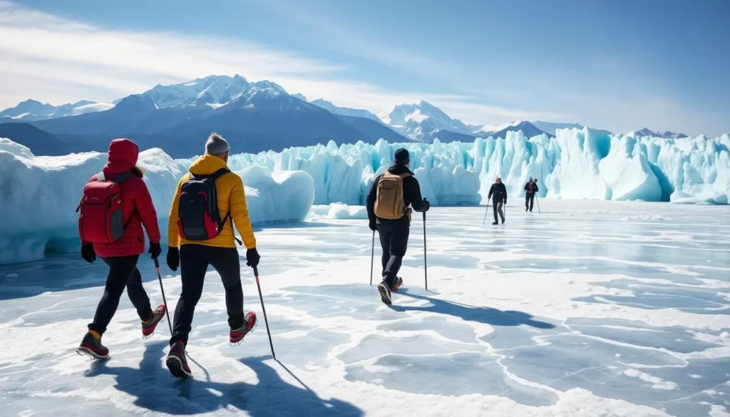 People ice trekking on Perito Moreno Glacier with crampons and guides in El Calafate