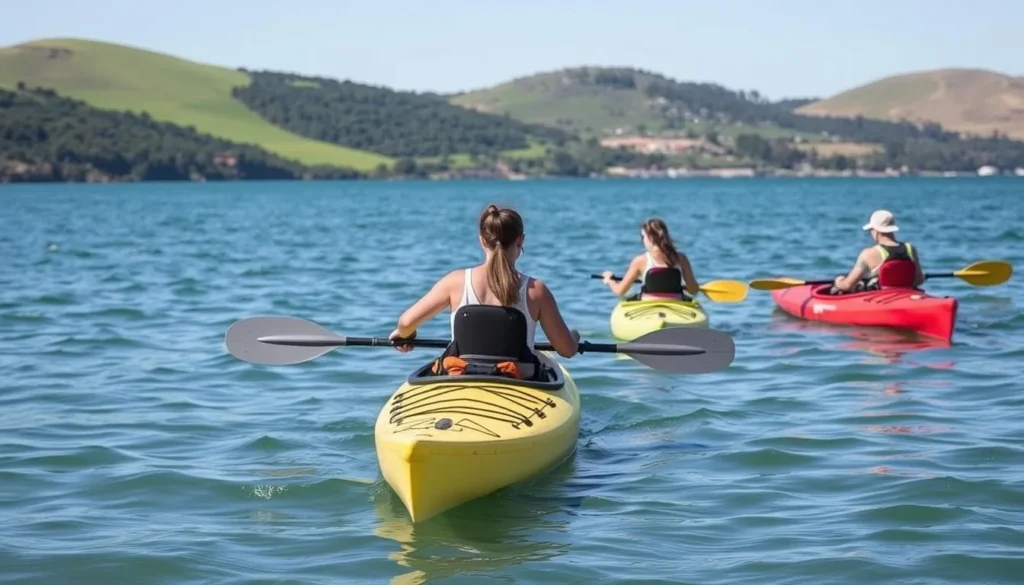 People kayaking along the shoreline of Benicia State Recreation Area with hills in the background People kayaking along the shoreline of Benicia State Recreation Area with hills in the background
