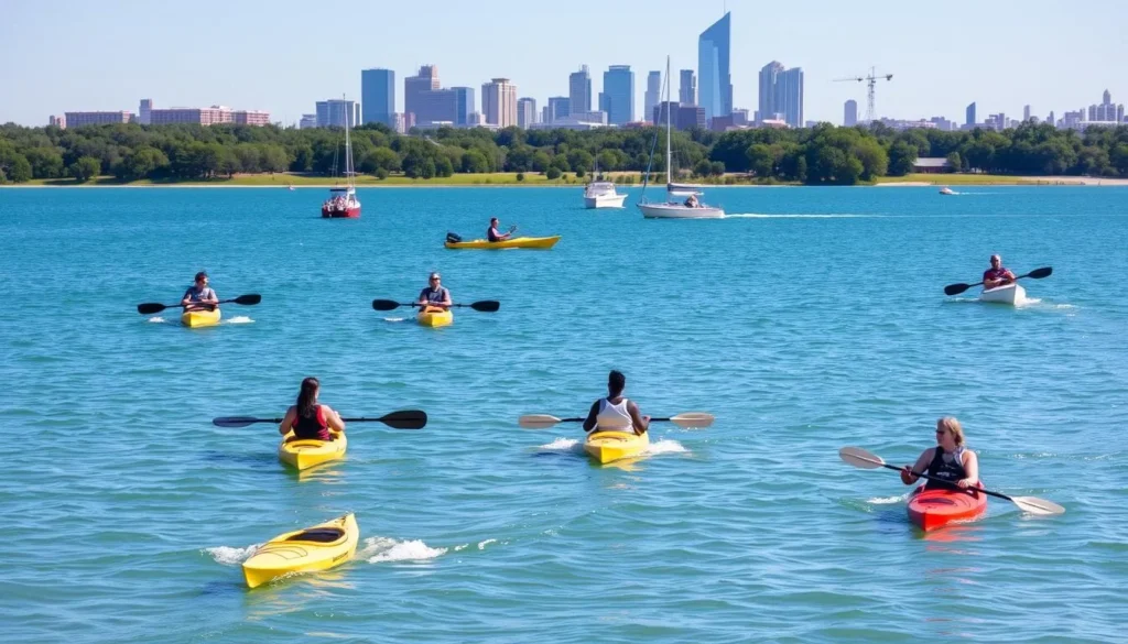 People kayaking and boating on Lake Ray Hubbard with Rockwall skyline in background People kayaking and boating on Lake Ray Hubbard with Rockwall skyline in background