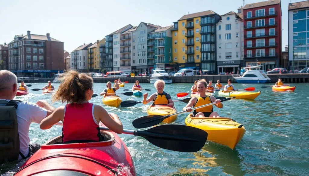 People kayaking in Bristol Harbour with colorful buildings in background People kayaking in Bristol Harbour with colorful buildings in background