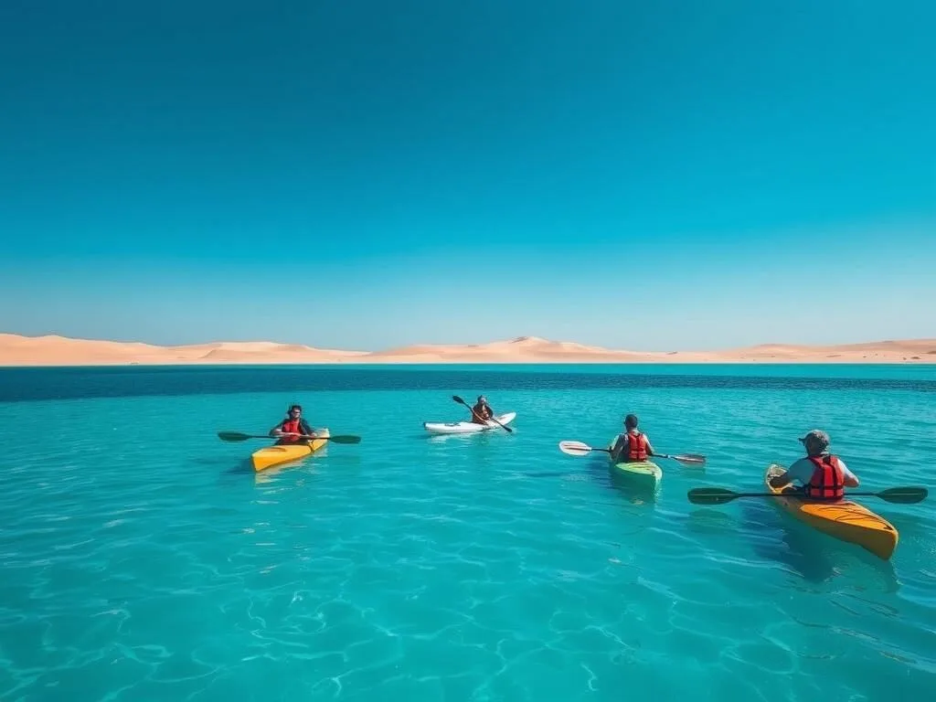 People kayaking in the turquoise waters of Khawr al Udayd inland sea