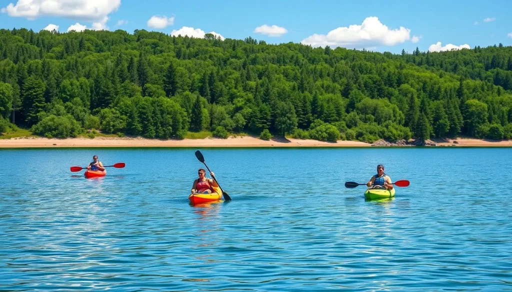 People kayaking on Lake Beloye during summer with forested shoreline in the background People kayaking on Lake Beloye during summer with forested shoreline in the background