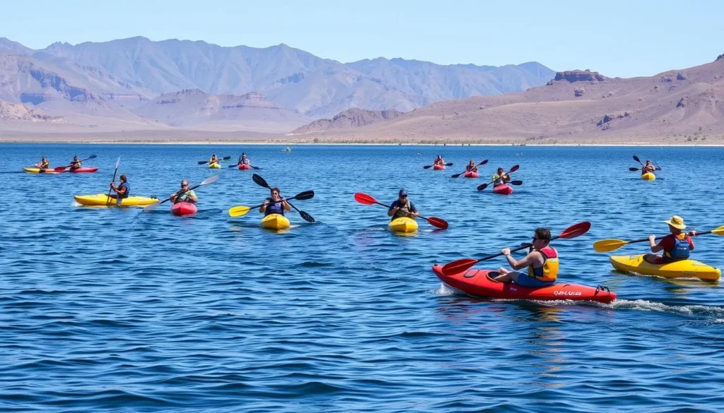 People kayaking on Lake Pleasant Arizona with desert mountains in background