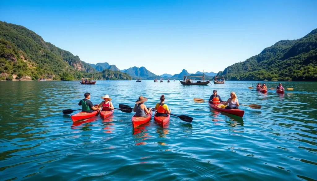 People kayaking on Tha Ngon Lake with mountains in background