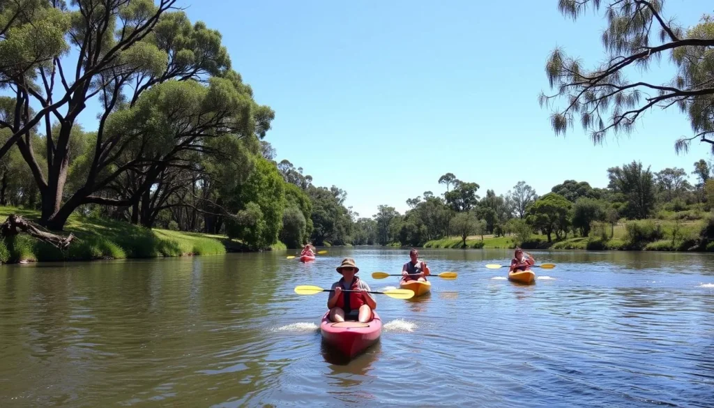 People kayaking on the Macquarie River in Dubbo with riverbank trees providing shade