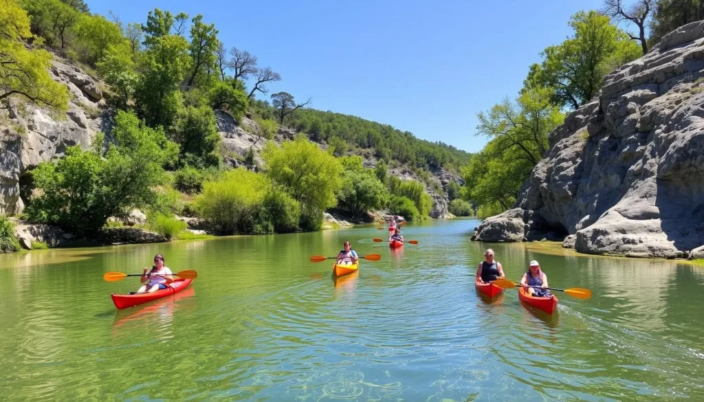 People kayaking on the San Gabriel River in Leander surrounded by natural scenery