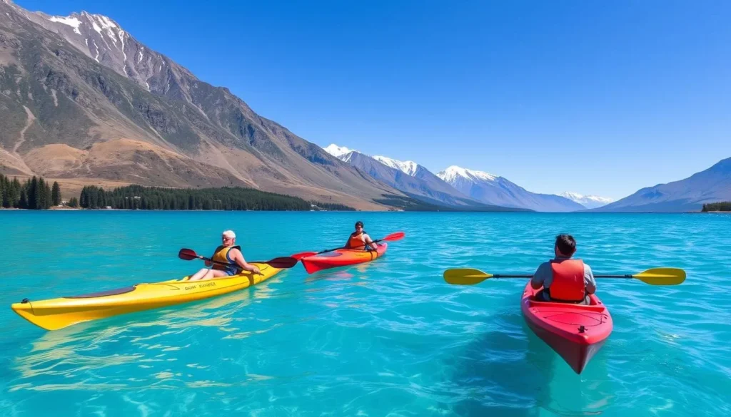 People kayaking on the clear waters of Lake Wanaka with mountain backdrop