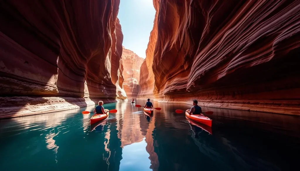 People kayaking through a narrow slot canyon on Lake Powell with high red walls