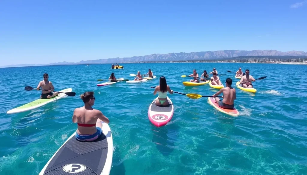 People paddleboarding and kayaking at Kings Beach State Recreation Area with mountains in background