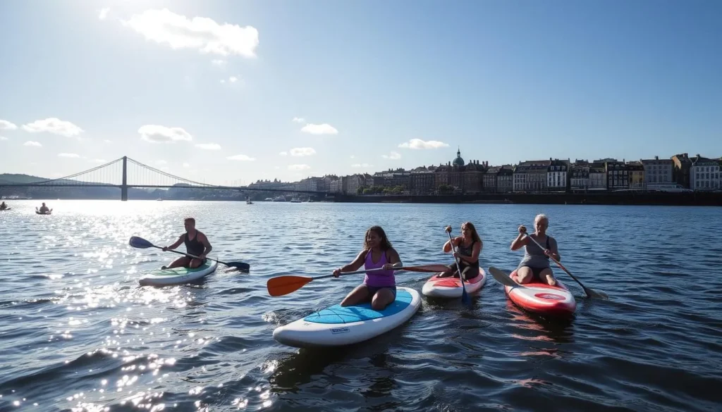 People paddleboarding on the River Foyle with Derry's cityscape in the background