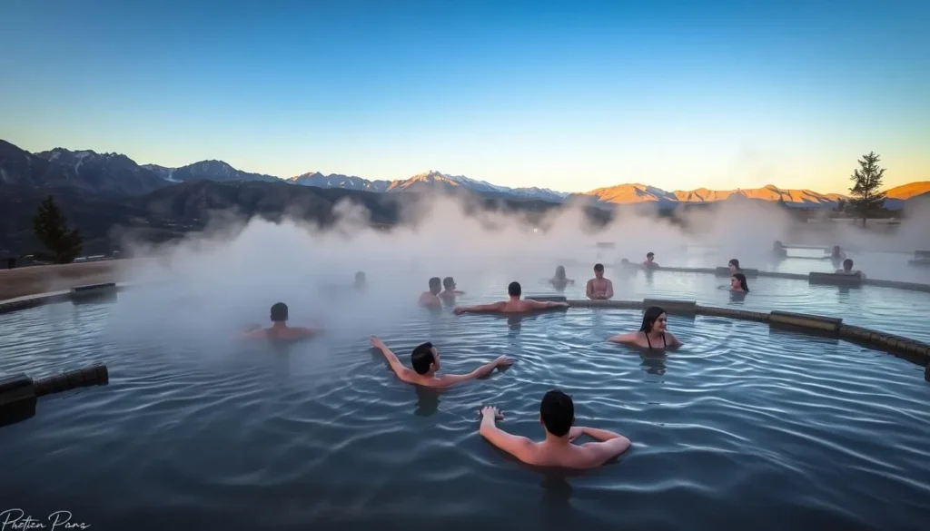 People relaxing in Travertine Hot Springs with mountain views at sunset
